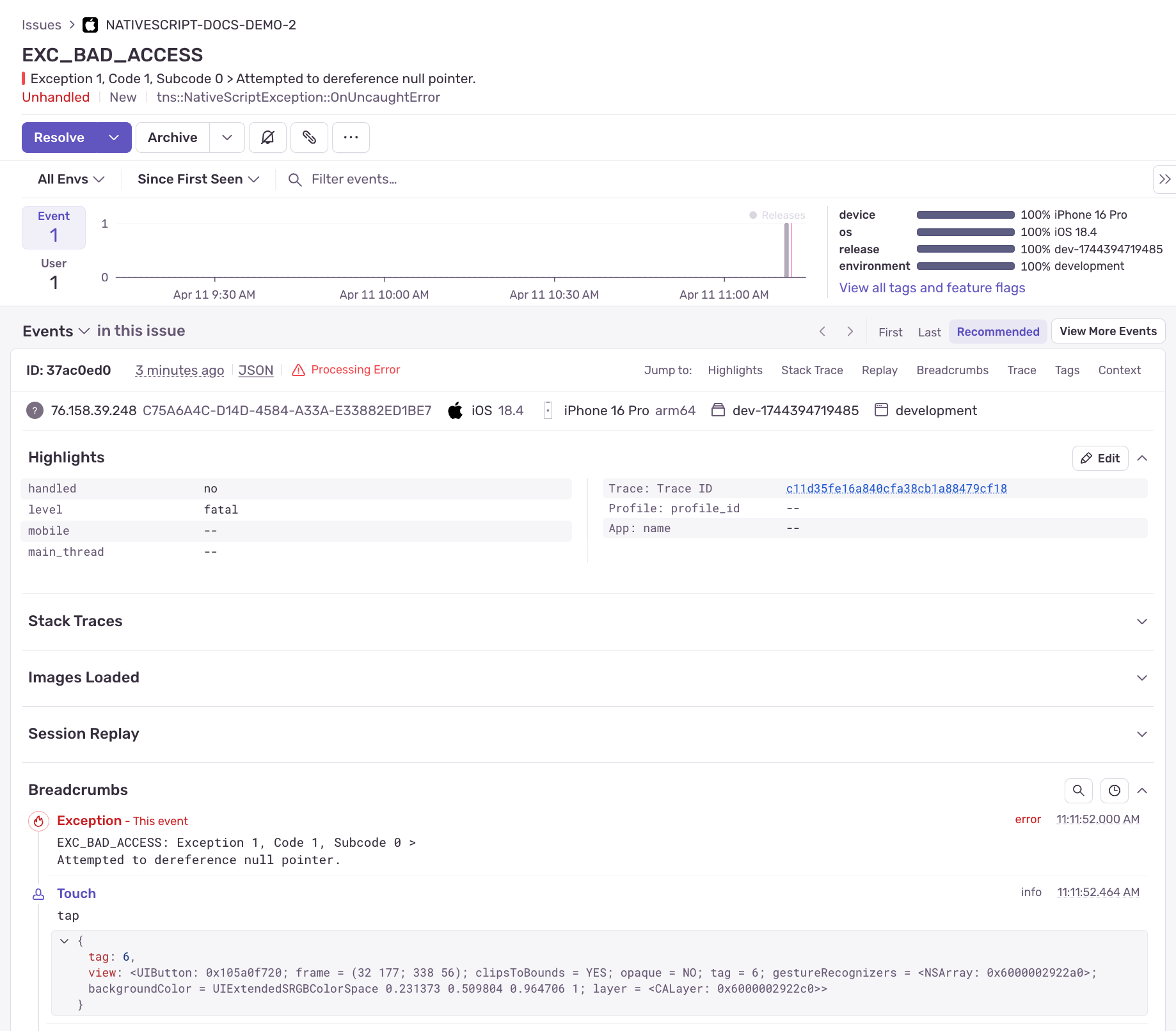 Sentry Crash Reporting with iOS for Native Stacktraces